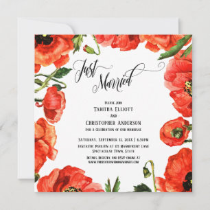 Just Married Red Poppies Wreath Reception-Only Invitation