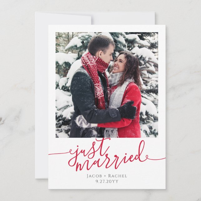 Just Married Red Script Photo Christmas Wedding Announcement (Front)