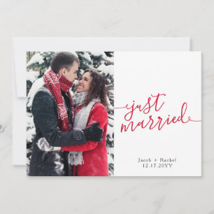 Just Married Red Script Photo Christmas Wedding Announcement