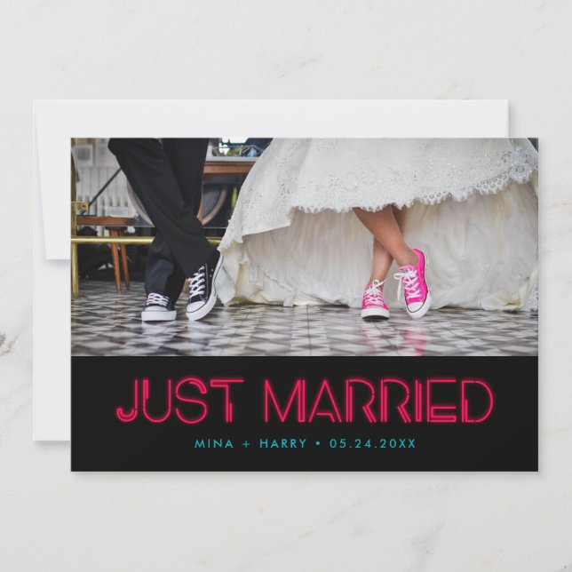 Just married Retro 80s neon lights wedding Announcement (Front)