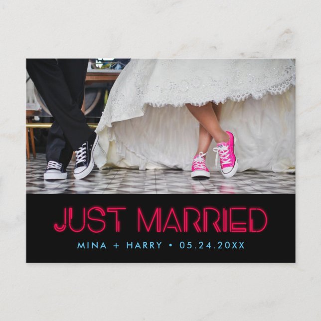 Just married Retro 80s neon lights wedding Postcard (Front)
