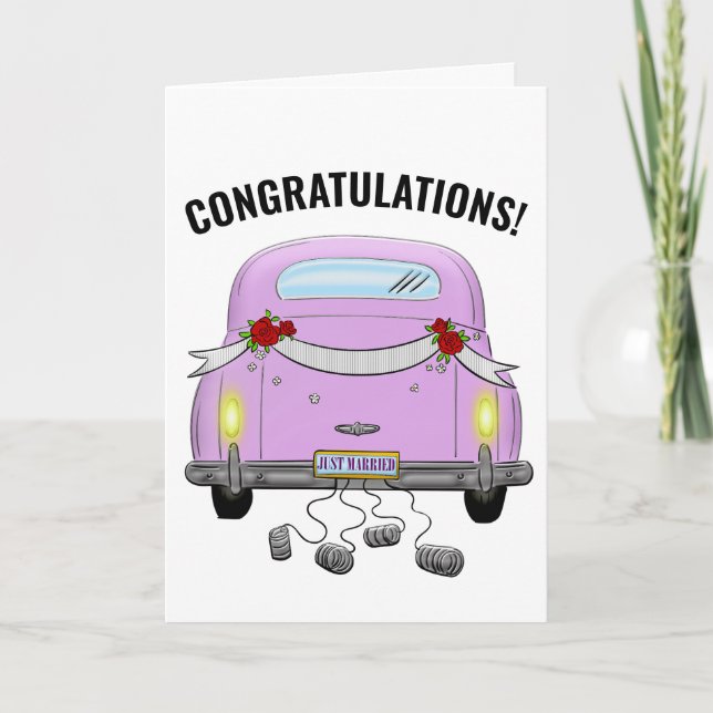JUST MARRIED RETRO CAR WEDDING GREETING CARD (Front)