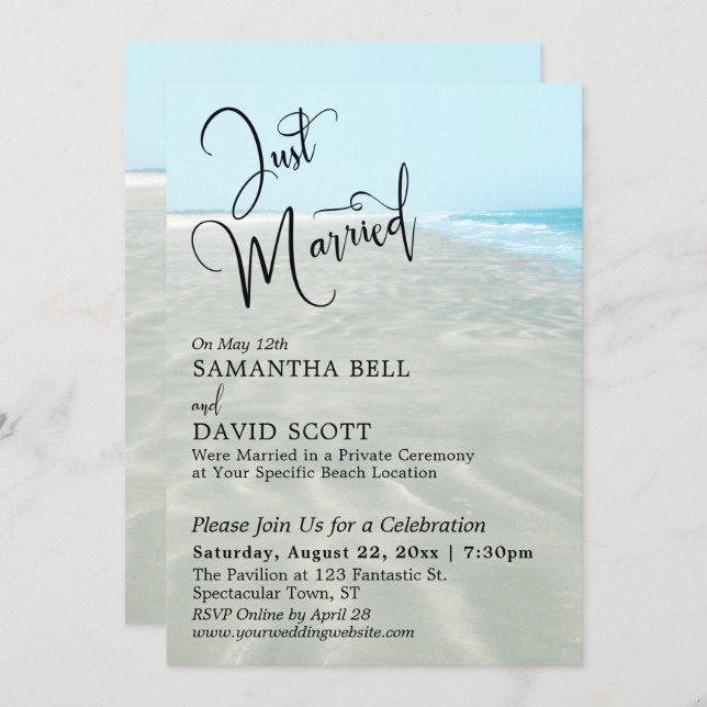 Just Married Rippled Sand Aqua Water Beach Event Invitation (Front/Back)