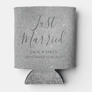 Just Married Romantic Silver Can Cooler