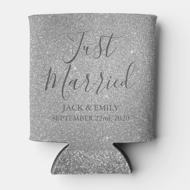 Just Married Romantic Silver Can Cooler (Front)