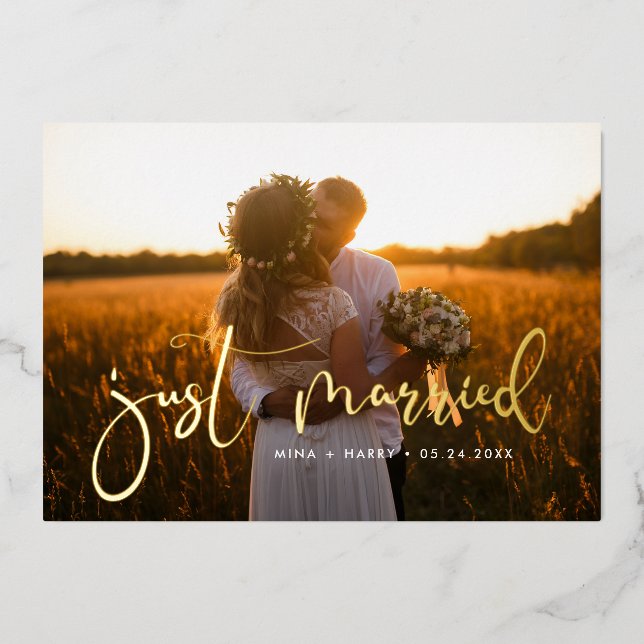 Just Married Romantic Wedding Foil Announcement (Front)