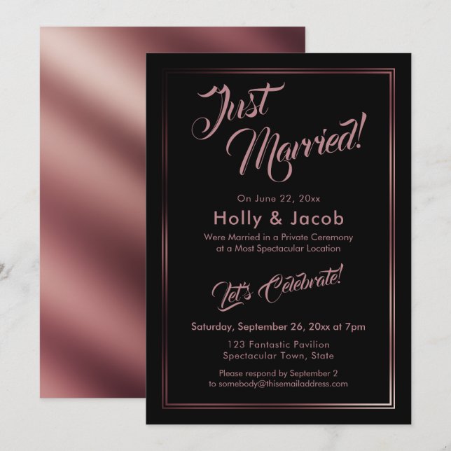 Just Married Rose Gold Over Black Reception Invitation (Front/Back)