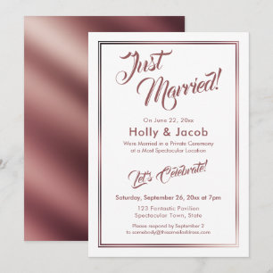 Just Married Rose Gold Over White, Reception Invitation