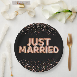 Just Married Rose Gold Wedding Balloons on Black Paper Plate