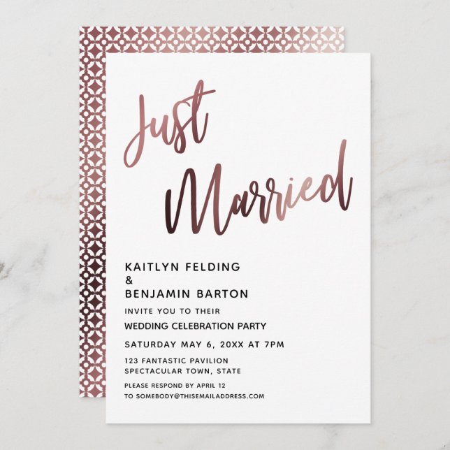 Just Married Rose Gold Wedding Reception Invitation (Front/Back)