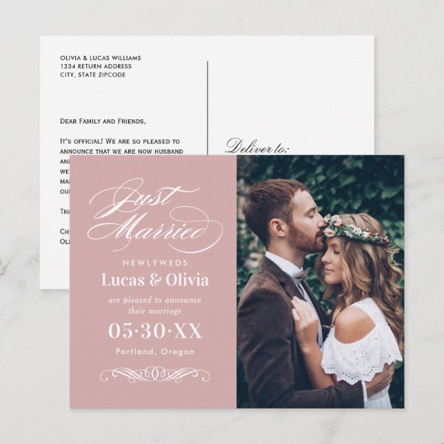 Just Married Rose Pink Elegant Wedding Photo Announcement Postcard (Front/Back)