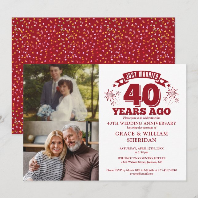 Just Married Ruby 40th Wedding Anniversary 2 Photo Invitation (Front/Back)