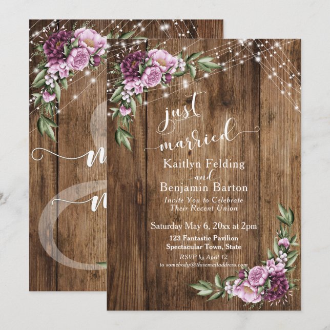 Just Married Rustic Floral Lights Reception Only Invitation (Front/Back)