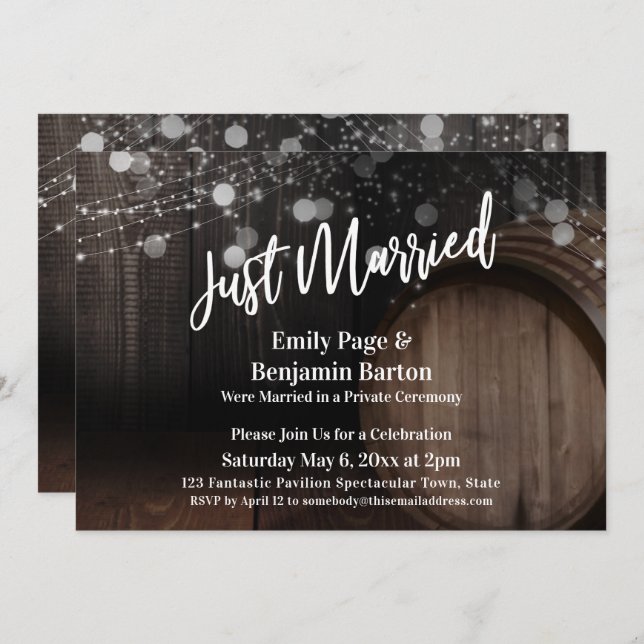 Just Married Rustic Wood Barrel and Lights Invitation (Front/Back)