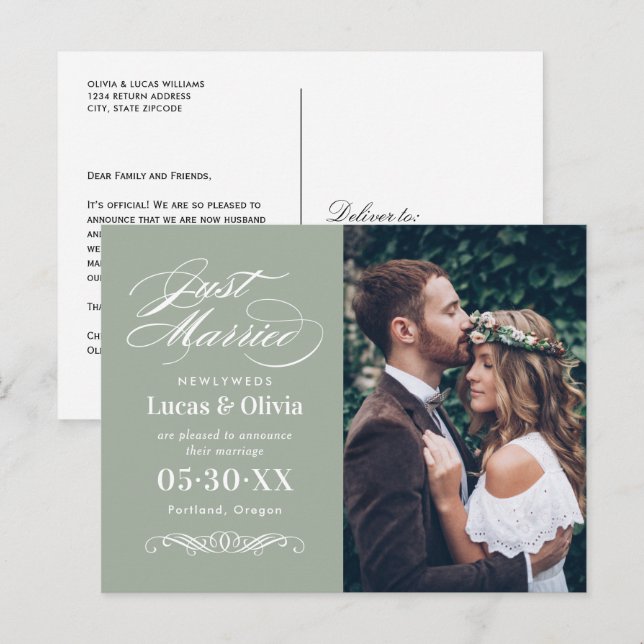 Just Married Sage Green Elegant Wedding Photo Announcement Postcard (Front/Back)