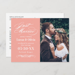 Just Married Salmon Pink Elegant Wedding Photo Announcement Postcard