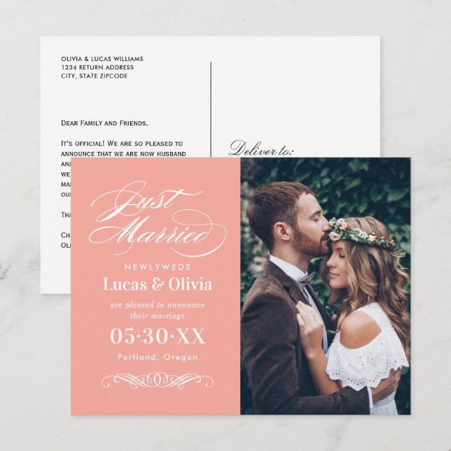 Just Married Salmon Pink Elegant Wedding Photo Announcement Postcard (Front/Back)
