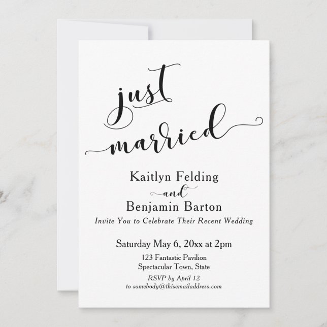 Just Married Script Black and White Reception Invitation (Front)