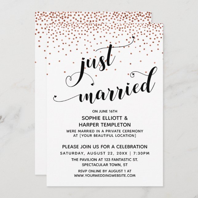 Just Married Script Copper Confetti Reception-Only Invitation (Front/Back)