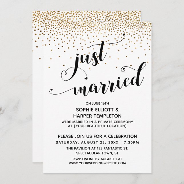 Just Married Script, Gold Confetti, Reception-Only Invitation (Front/Back)