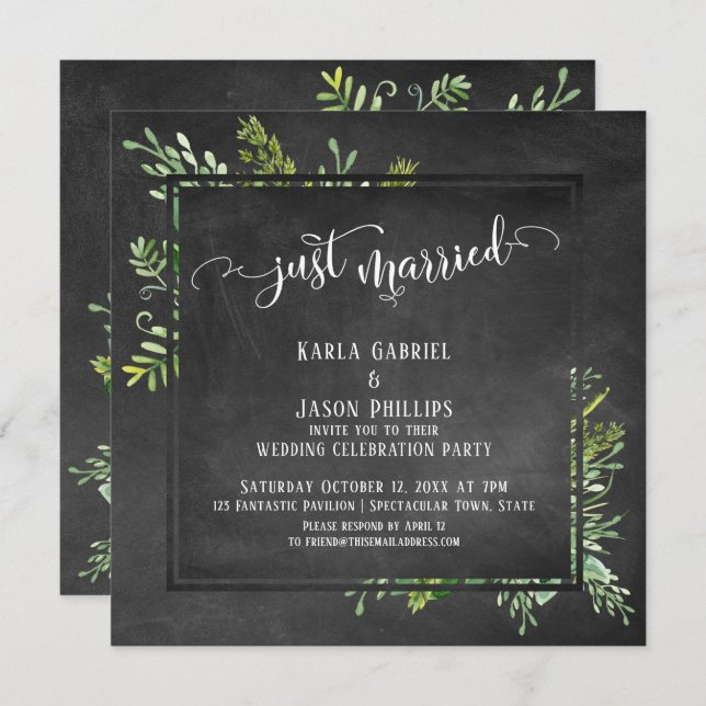 Just Married Script Greenery Bouquet on Chalkboard Invitation (Front/Back)
