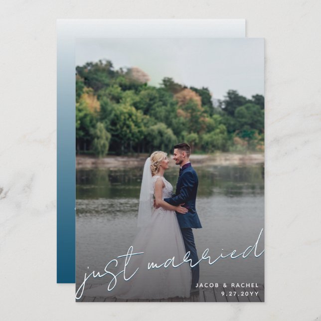 Just Married Script Overlay Blue Photo Wedding Ann Announcement (Front/Back)