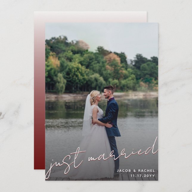Just Married Script Overlay Dark Red Photo Wedding Announcement (Front/Back)