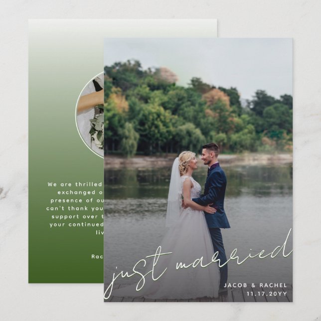 Just Married Script Overlay Green Photo Wedding Announcement (Front/Back)