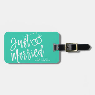 Just Married Script   Personalised Aqua Luggage Tag