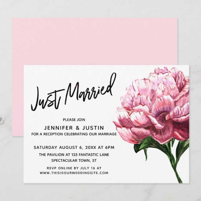 Just Married Script, Pink Watercolor Peony Flower Invitation (Front/Back)