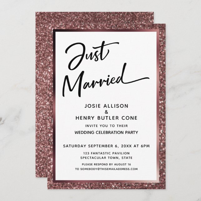 Just Married Script Rose Gold Glitter Reception Invitation (Front/Back)
