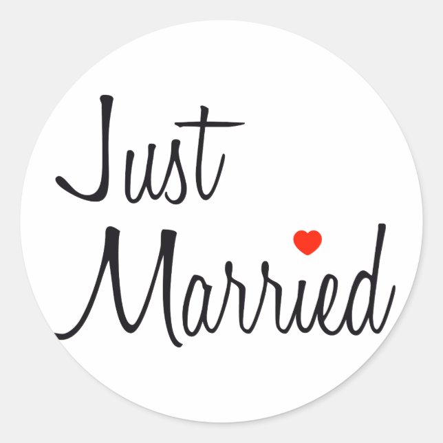 Just Married (Script With Red Heart) Classic Round Sticker (Front)