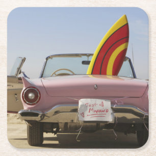 Just Married Sign And Surfboard Square Paper Coaster