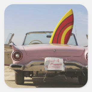 Just Married Sign And Surfboard Square Sticker
