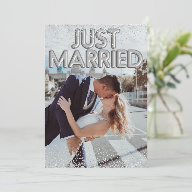 Just Married Silver Balloons Wedding Photo Announcement (Standing Front)