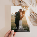 just married simple wedding announcement postcard<br><div class="desc">modern stylish calligraphy,  elegant romantic design with a personalised photo The bride and groom's image and back colour and text can be personalised.</div>