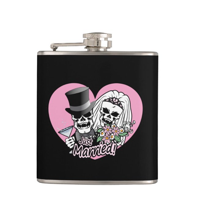 Just Married Skulls Hip Flask (Front)