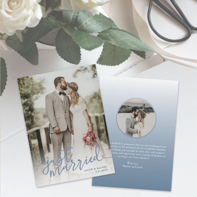 Just Married Slate Blue Script Photo Wedding Announcement (Creator Uploaded)