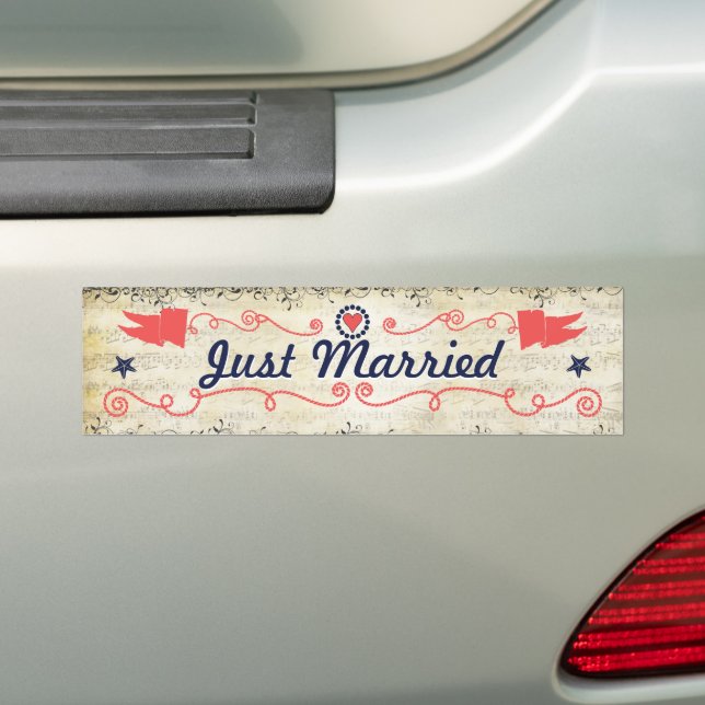 Just Married Starfish Coral Navy Nautical Wedding Bumper Sticker (On Car)