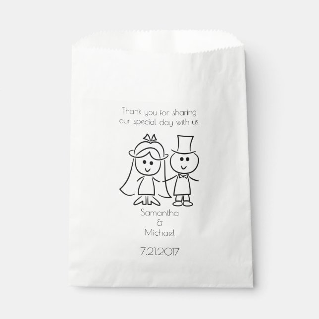 Just Married Stick Figure Couple White Favour Bag (Front)