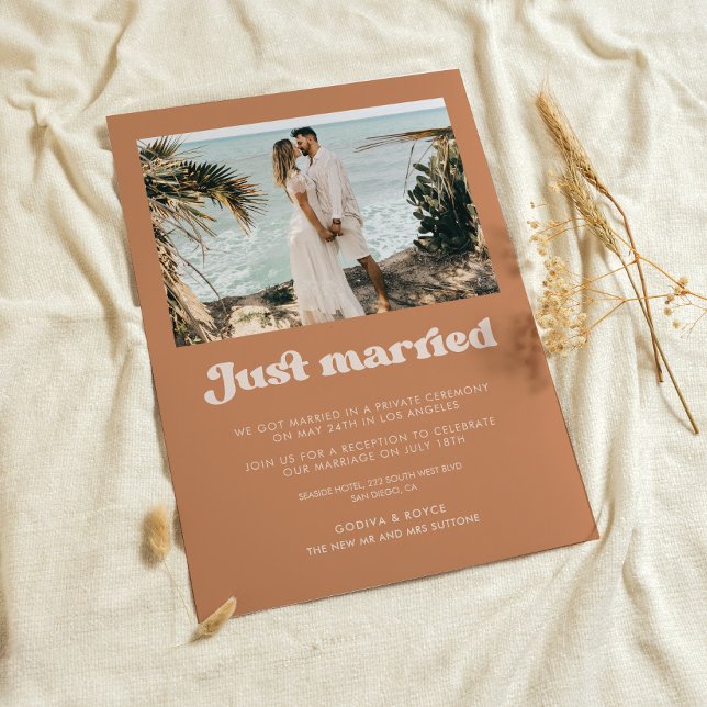 Just married Stylish retro Brown sugar photo card (Creator Uploaded)