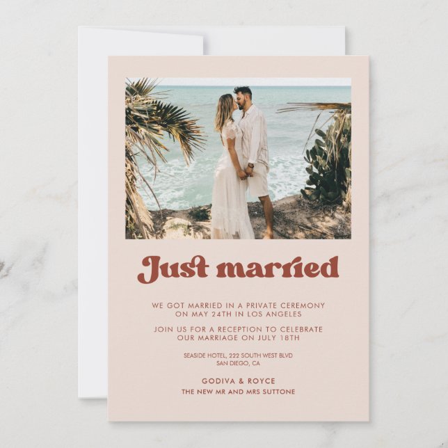 Just married Stylish retro Peach Pink photo card (Front)