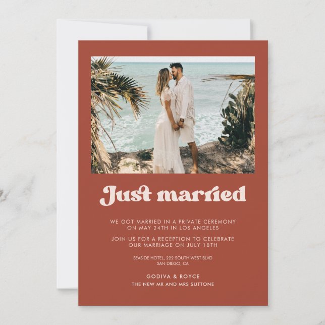 Just married Stylish retro Terracotta photo card (Front)