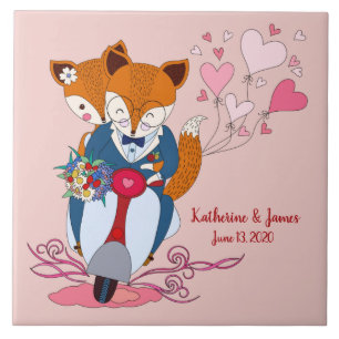 Just Married, Sweet Foxes on Bike, Customised Tile