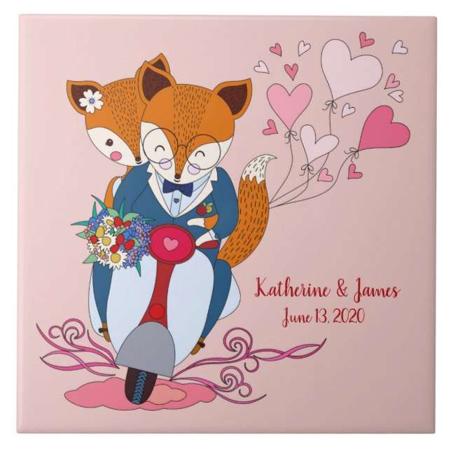 Just Married, Sweet Foxes on Bike, Customised Tile (Front)
