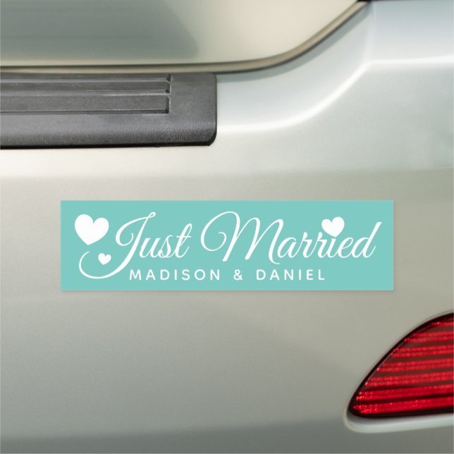 Just Married Teal Personalised Newlywed Wedding Car Magnet (In Situ)