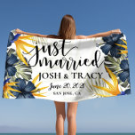 Just Married Tropical Newlyweds Personalised Gifts Beach Towel<br><div class="desc">Make a statement at the pool or the beach with our wide selection of super cute customisable beach towels. We have elegant,  classy also fun and playful full print designs.</div>