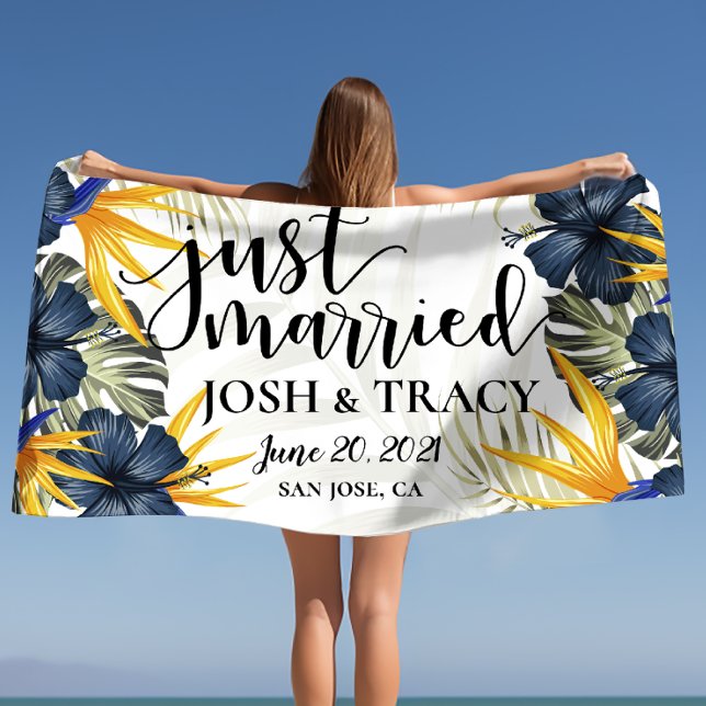 Just Married Tropical Newlyweds Personalised Gifts Beach Towel (Creator Uploaded)