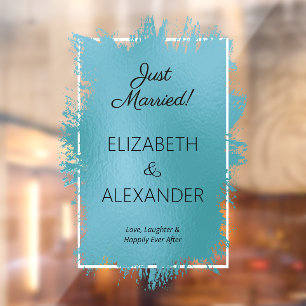 Just Married! Turquoise Faux Foil Window Cling