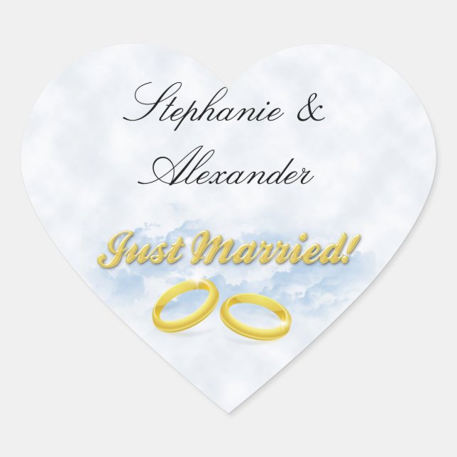 Just Married, Two Gold Bands/Clouds Heart Sticker (Front)